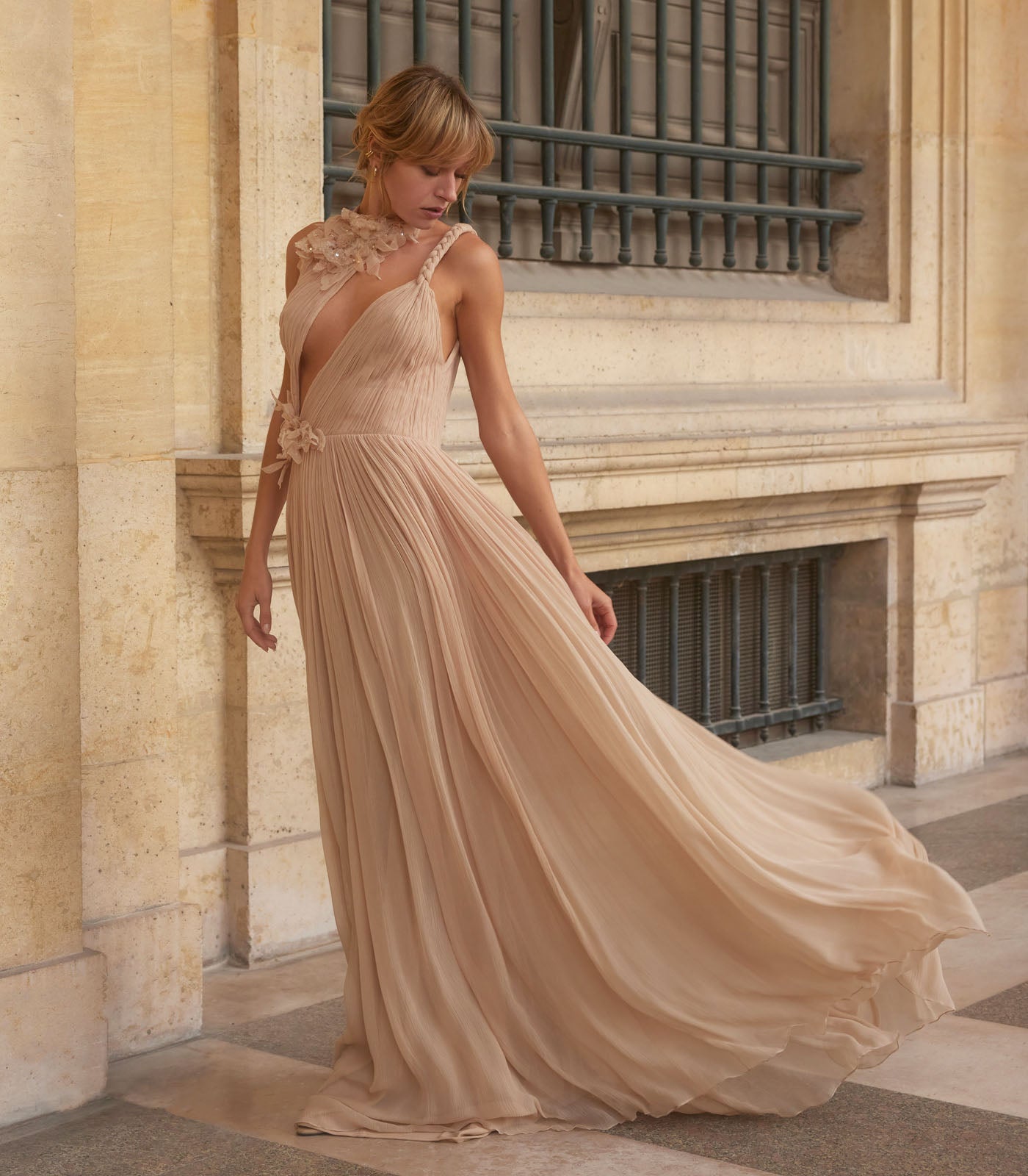 Pleated Assymetrical Gown