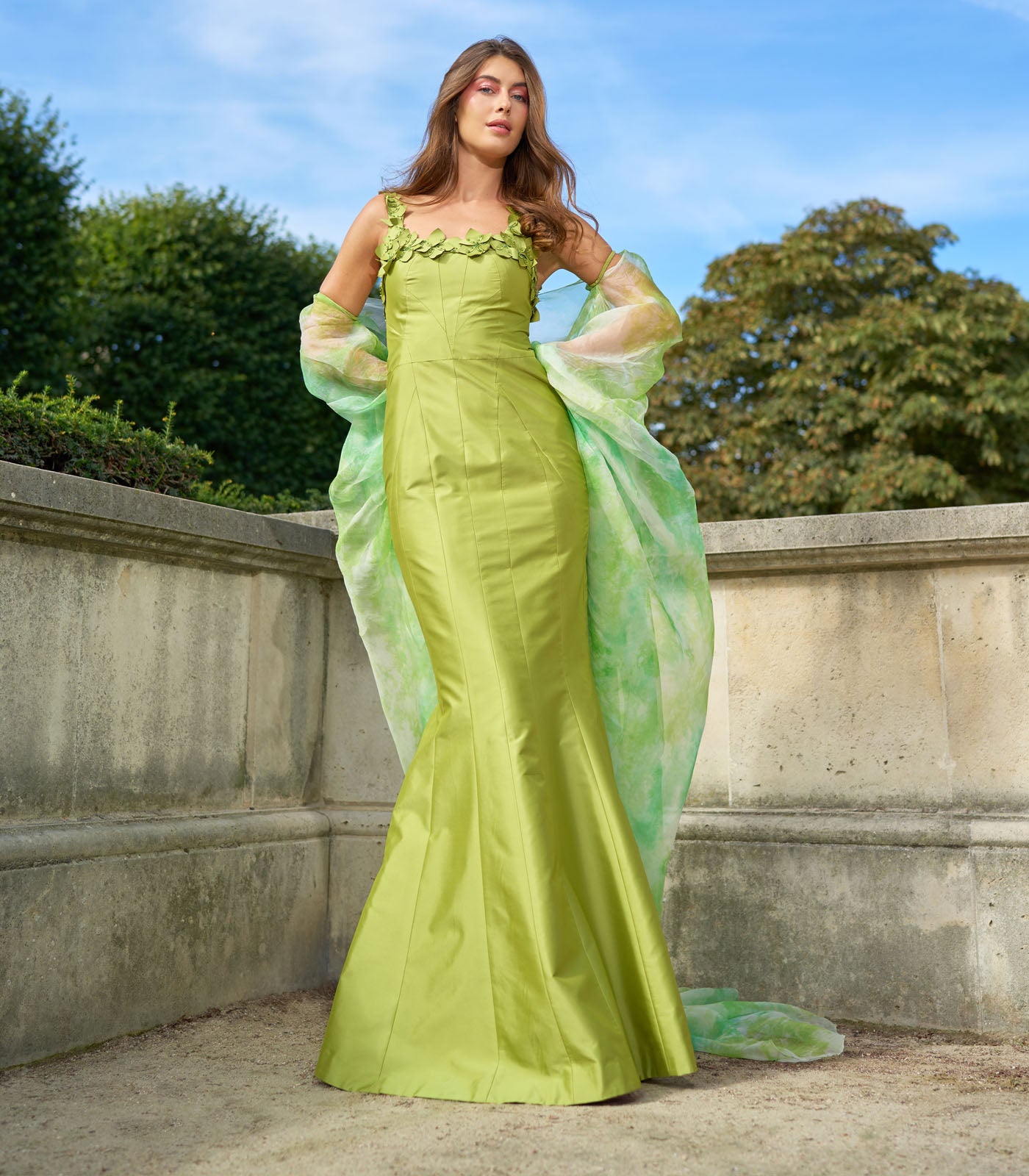 Green tie-dye dress with cape