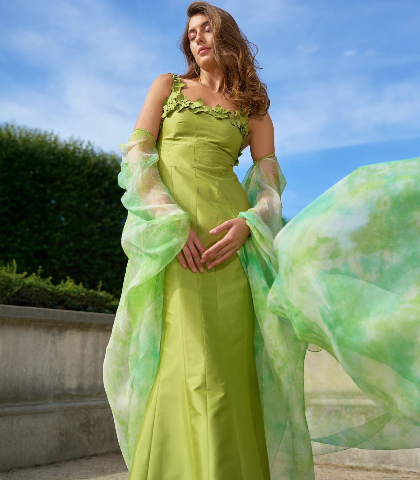 Green tie-dye dress with cape