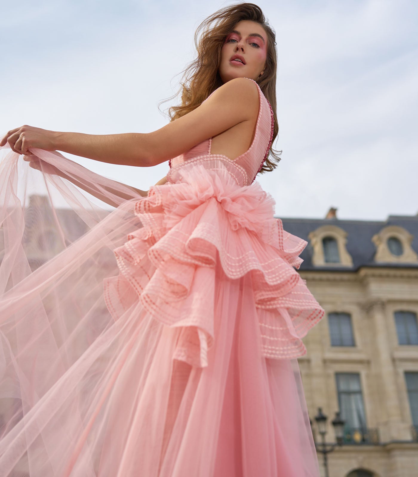 Pink plunging neckline gown
