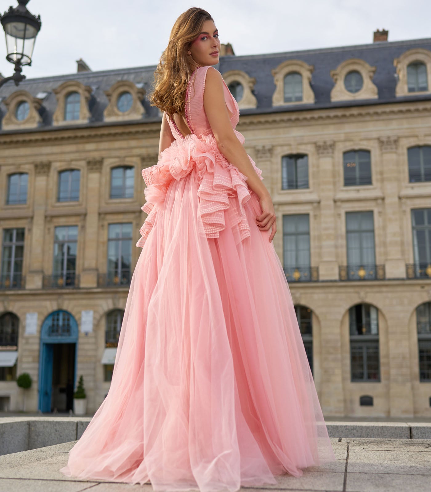 Pink plunging neckline gown