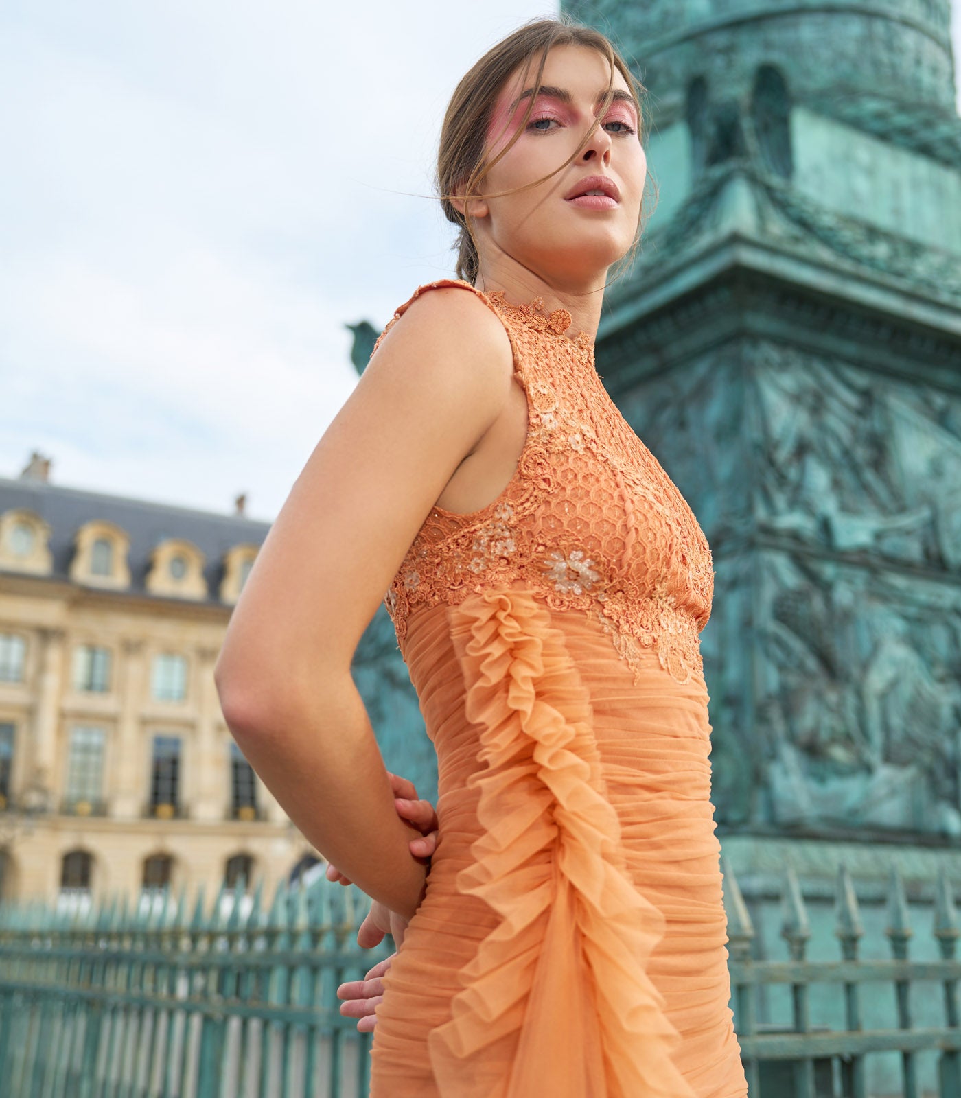 Pleated Sheer Dress with Drapes