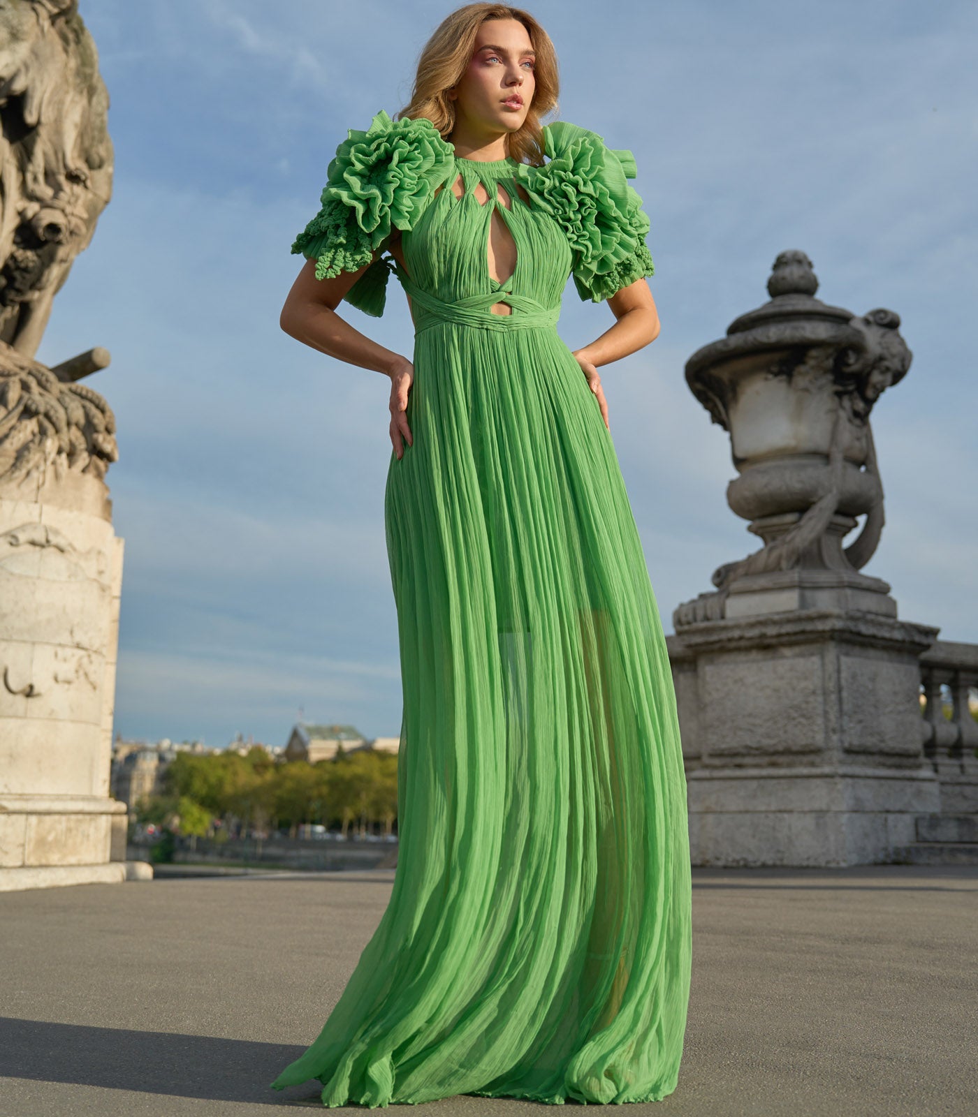 Pleated Gown with Keyhole Neck
