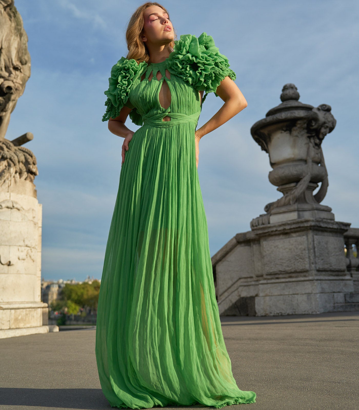 Pleated Gown with Keyhole Neck