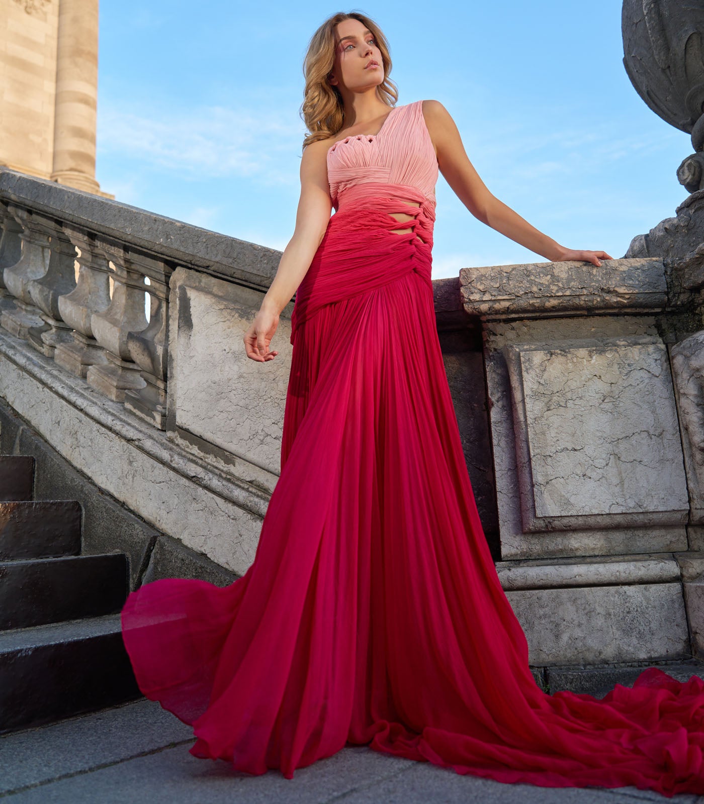 Draped Pleated Gown with Cut outs