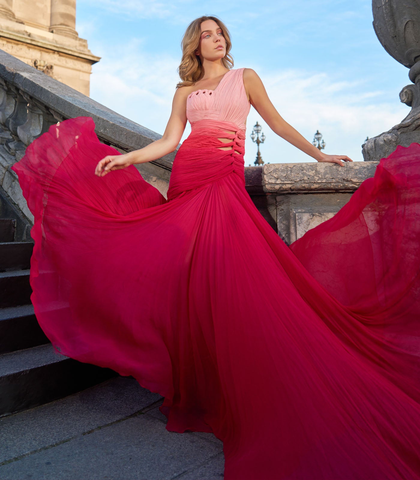 Draped Pleated Gown with Cut outs