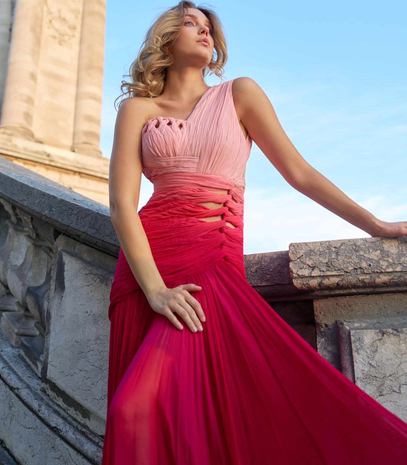 Draped Pleated Gown with Cut outs