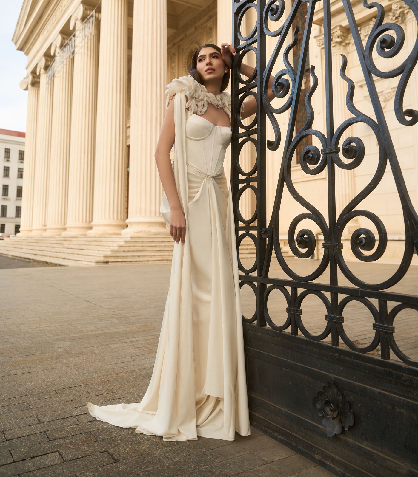 Corset Gown with Shoulder Drape