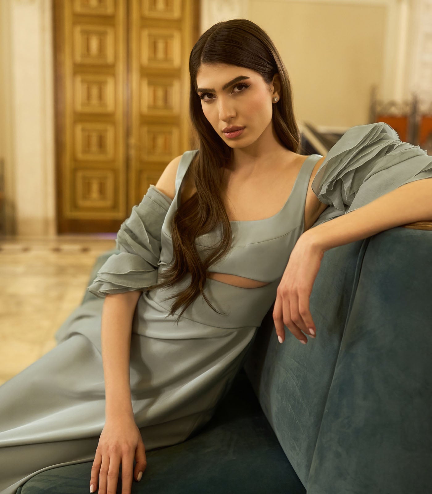 Square Neckline Gown with Cape