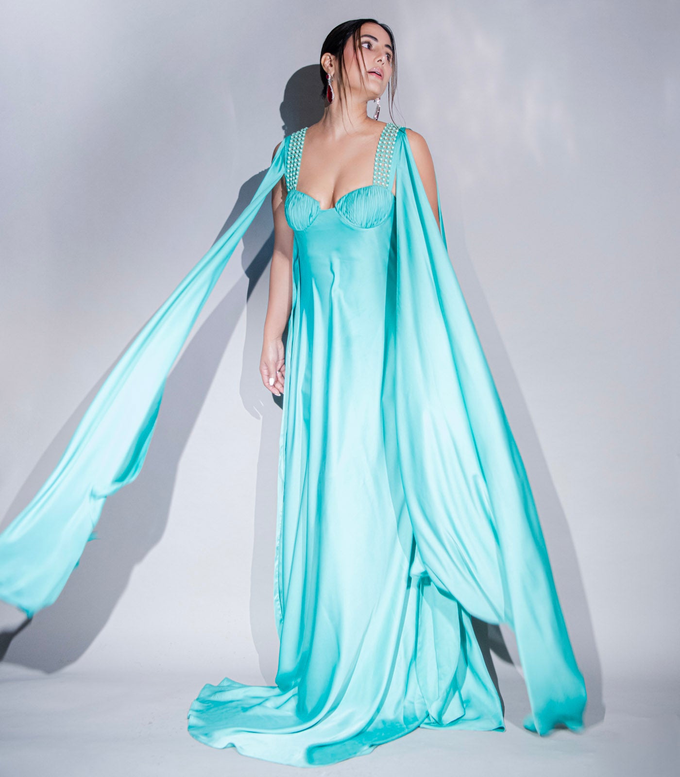 Hina Khan spotted in our aqua green drape gown