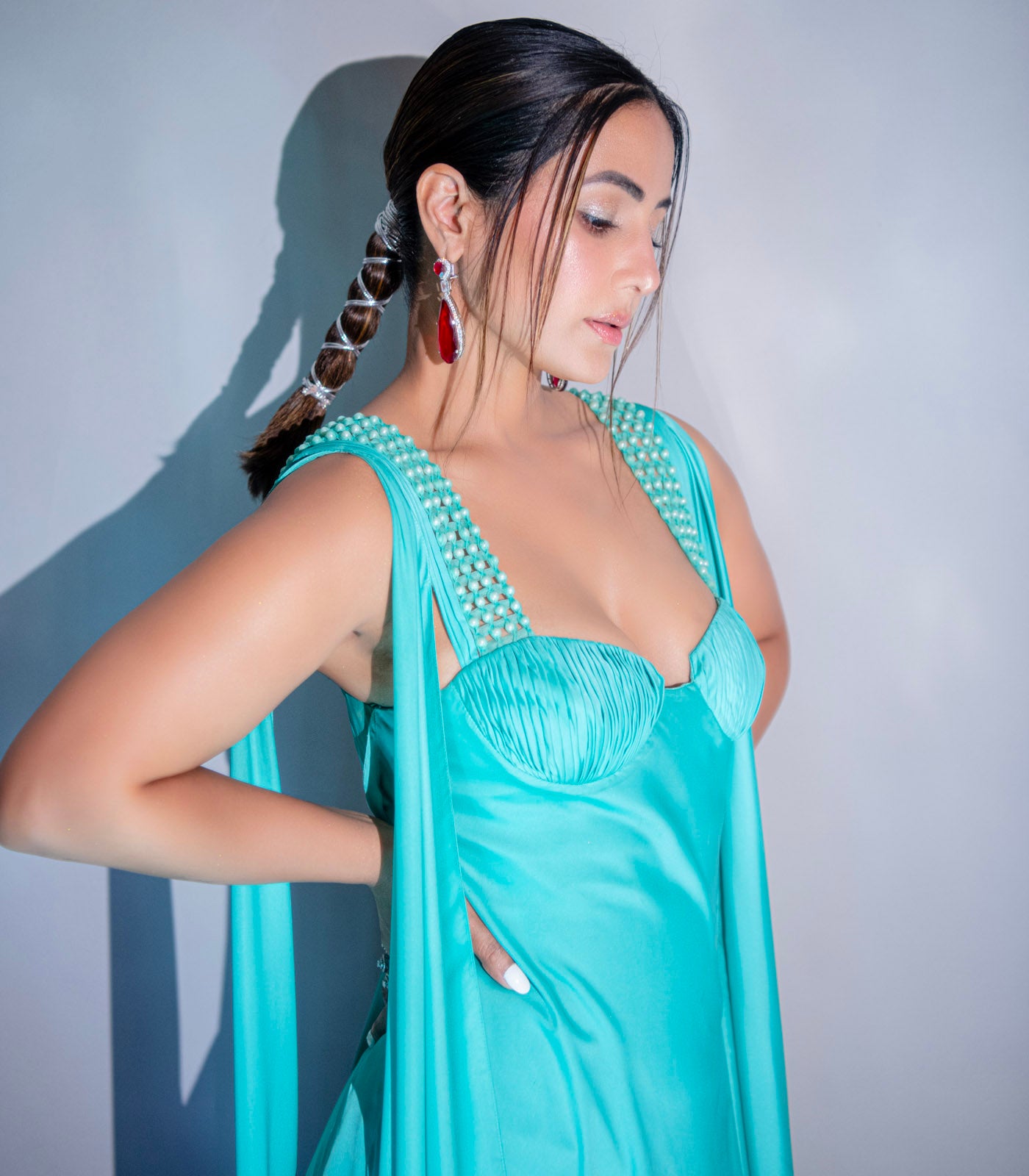 Hina Khan spotted in our aqua green drape gown