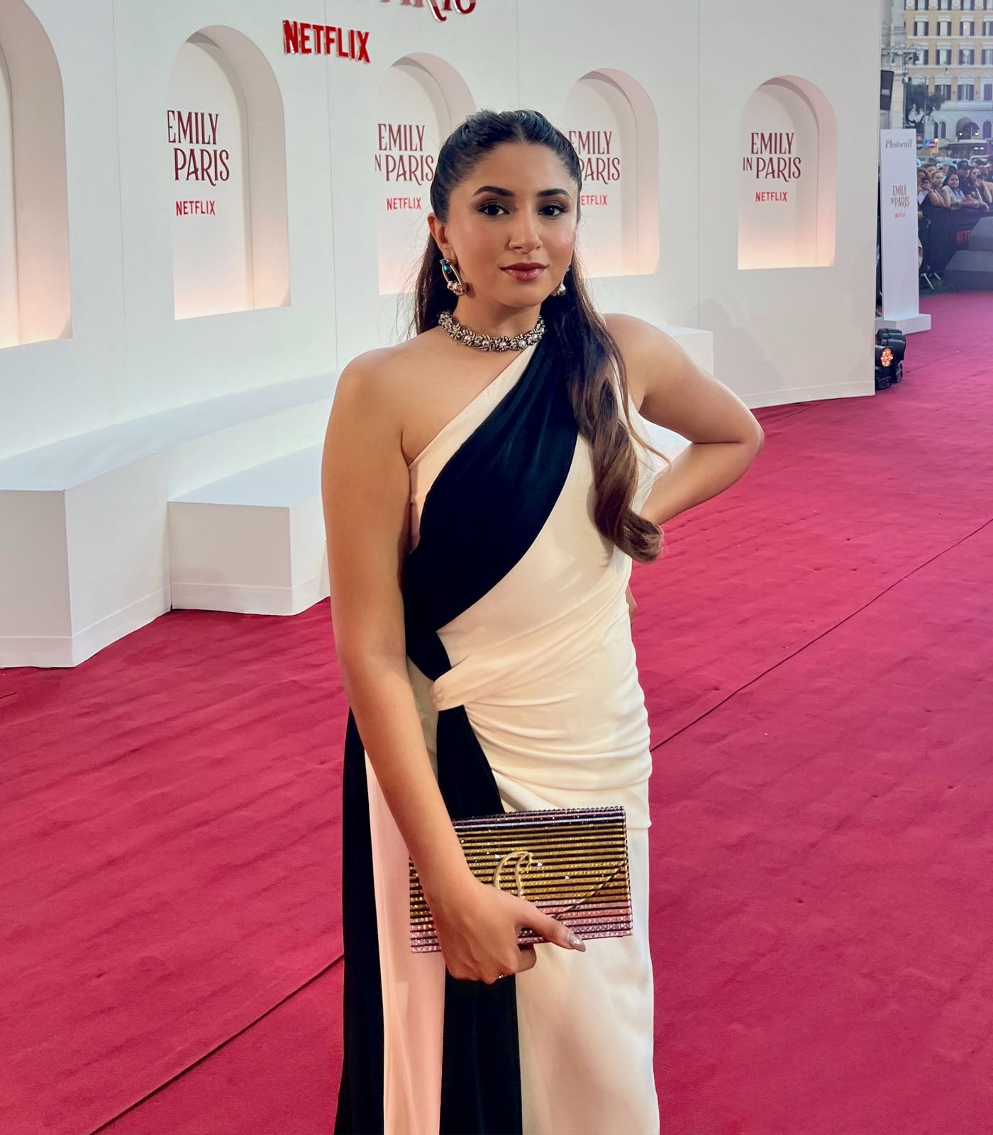 Aashna Shroff spotted in our black and white one shoulder drape gown