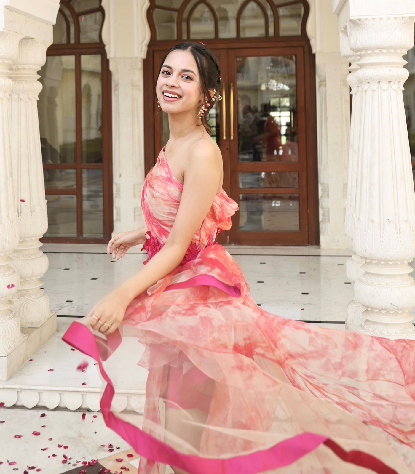 Nitanshi Goel spotted in our pink one shoulder gown dress