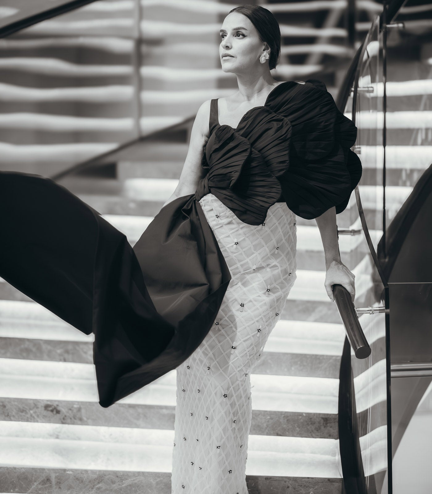 Neha Dhupia spotted in our black and white textured gown