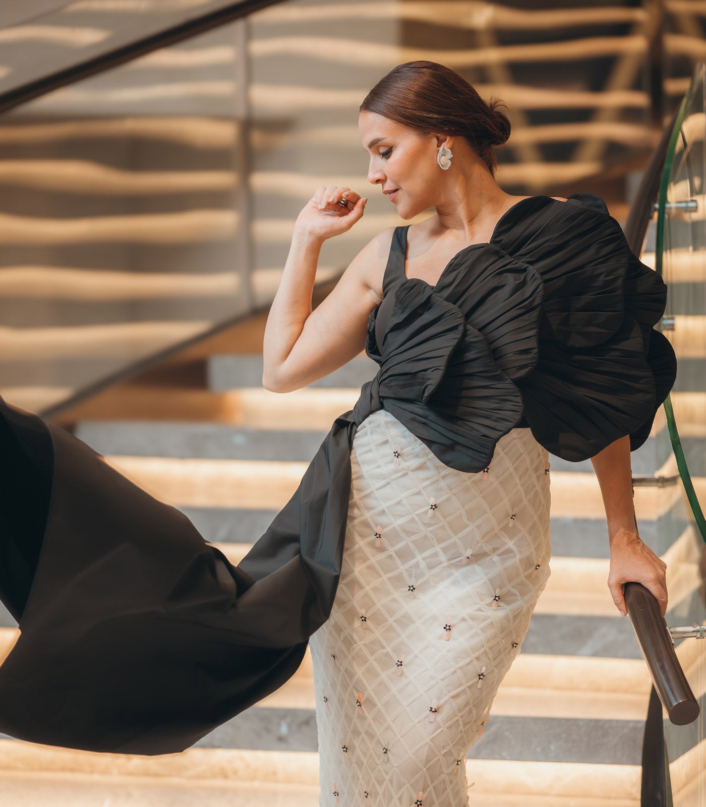 Neha Dhupia spotted in our black and white textured gown