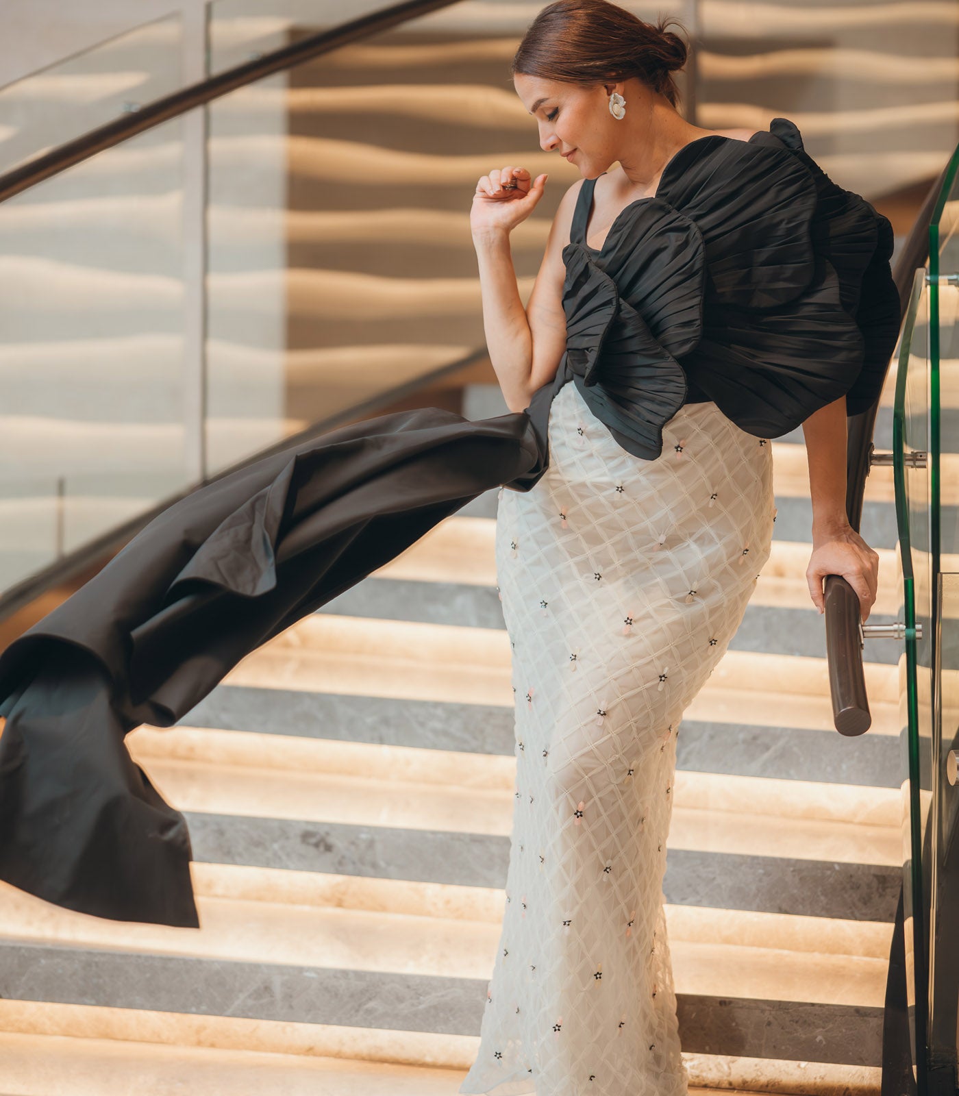 Neha Dhupia spotted in our black and white textured gown