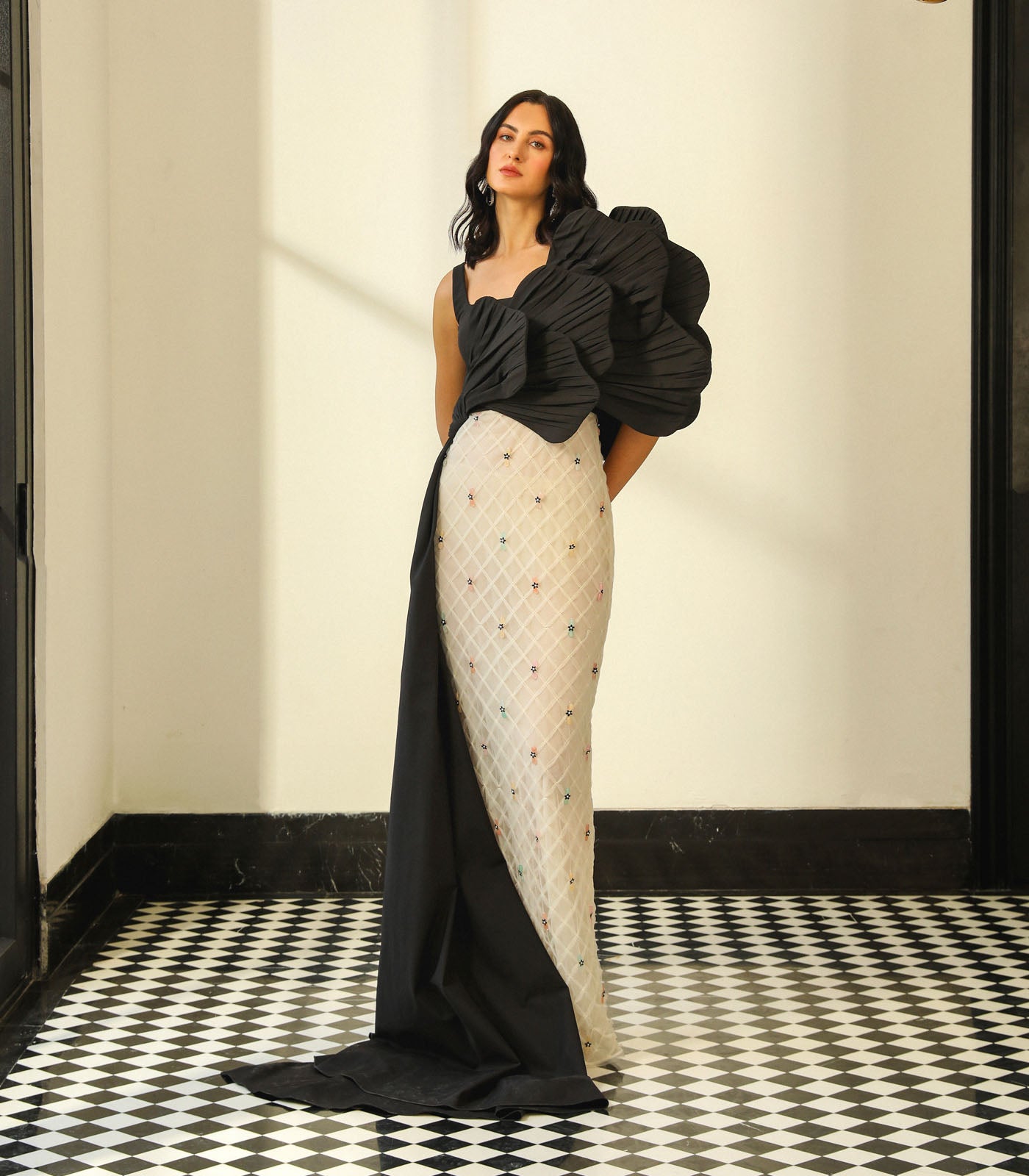 Ruched Panel Textured Gown