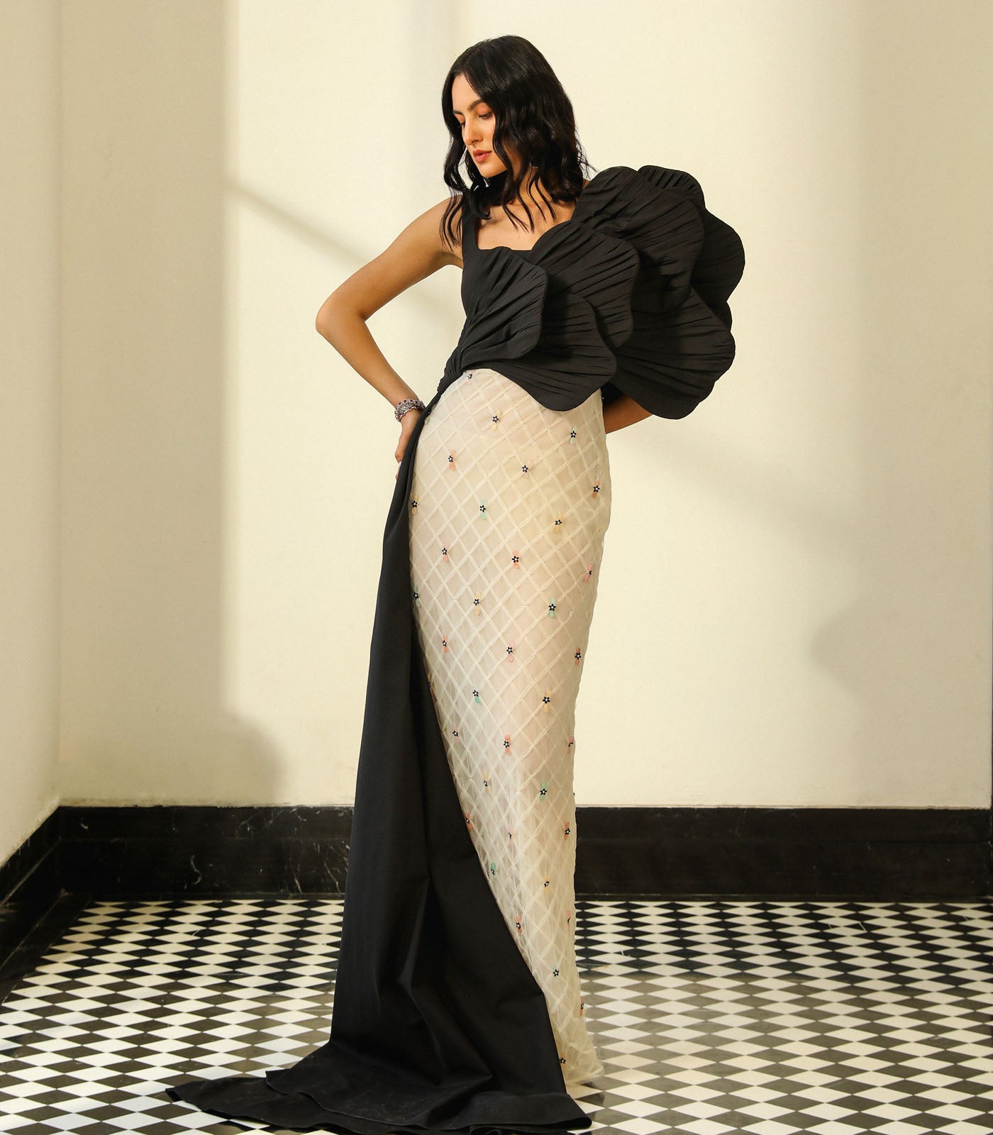 Ruched Panel Textured Gown