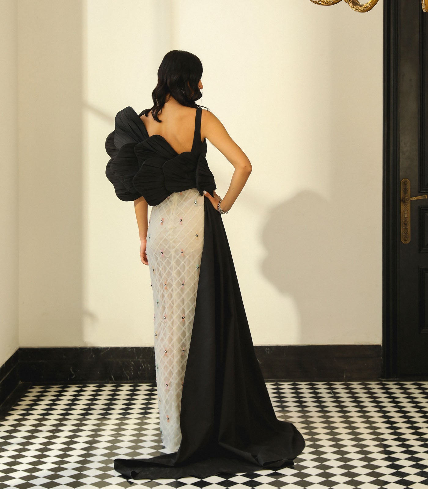 Ruched Panel Textured Gown