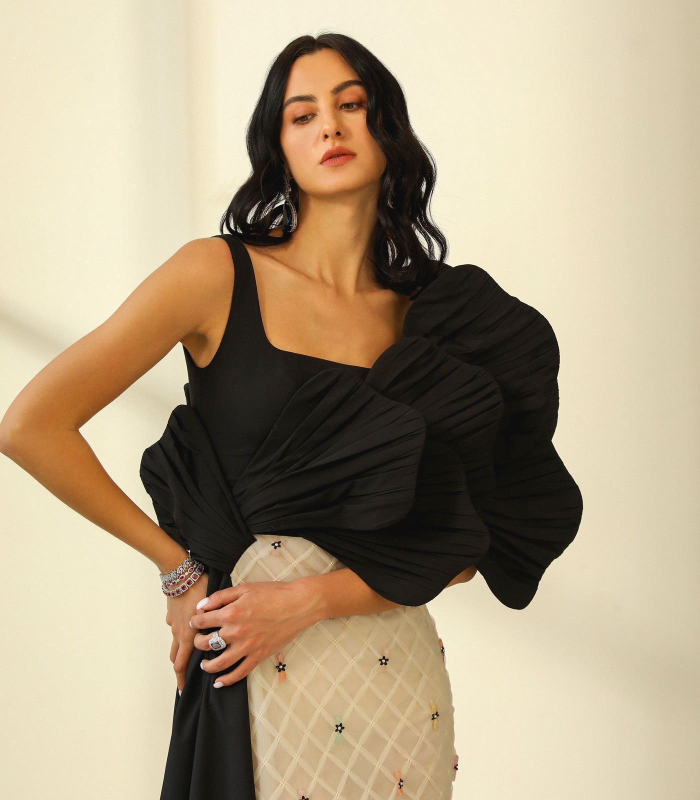 Ruched Panel Textured Gown