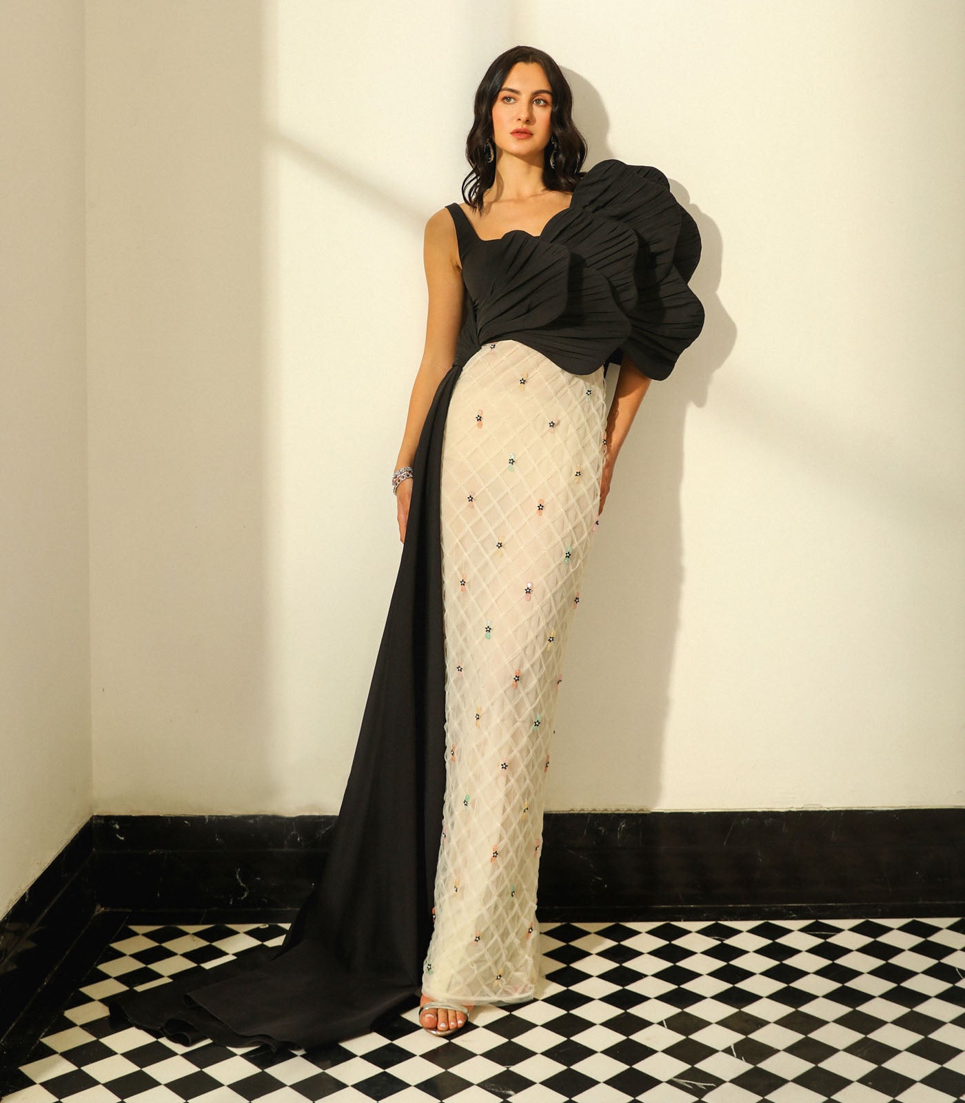 Ruched Panel Textured Gown