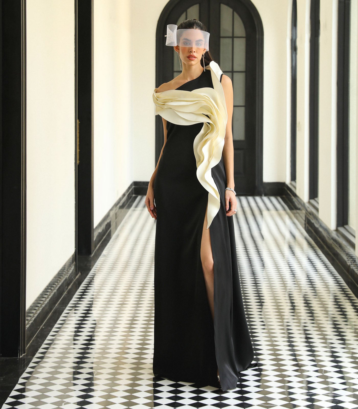 Assymetric Ruffled Slit Gown