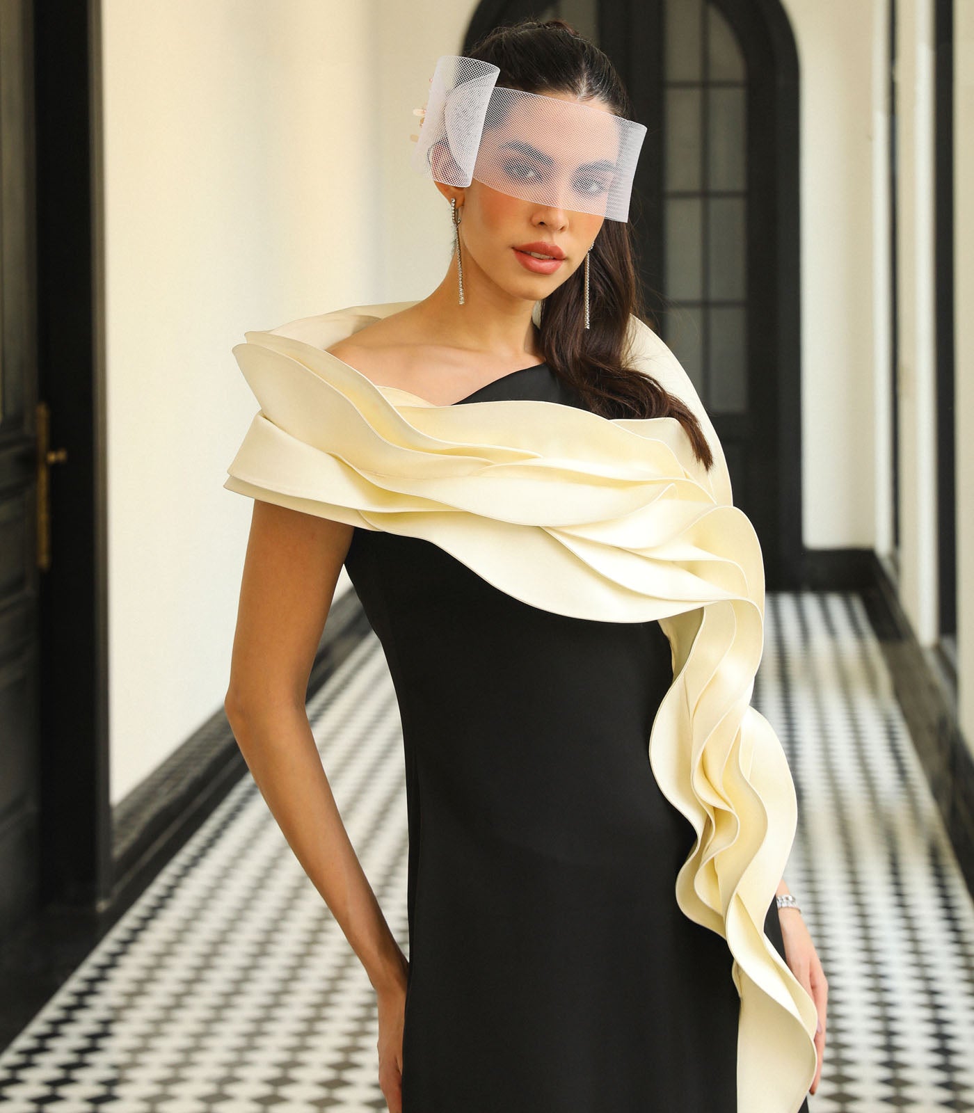 Assymetric Ruffled Slit Gown