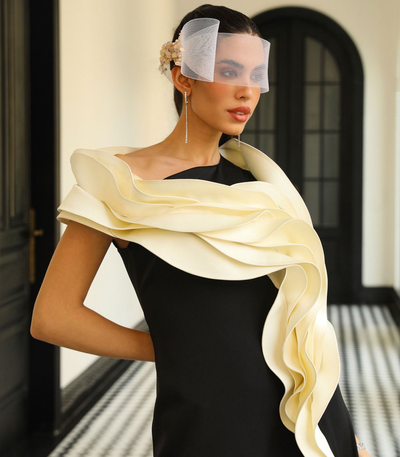 Assymetric Ruffled Slit Gown