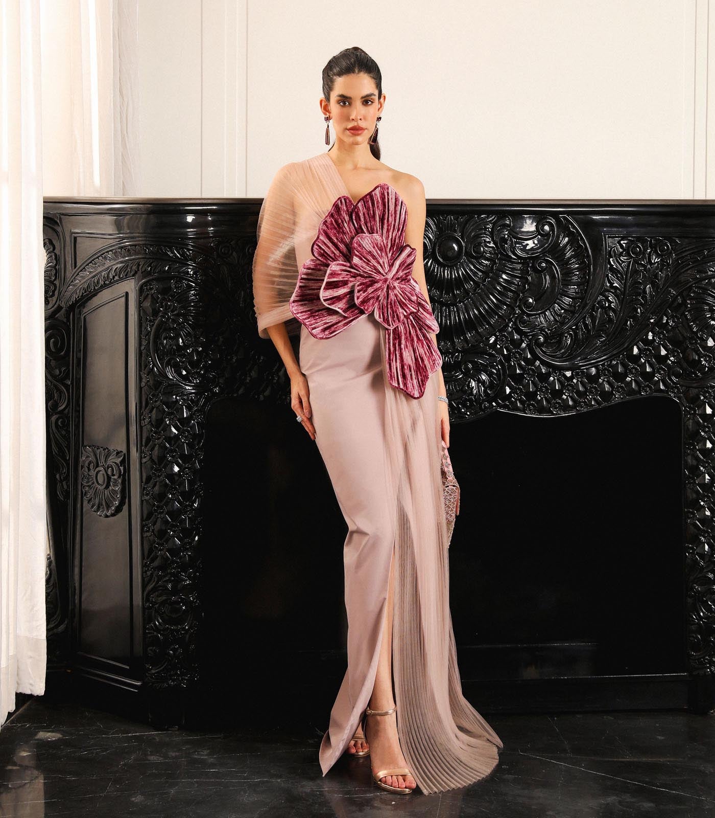 Strapless Pleated Panel Gown