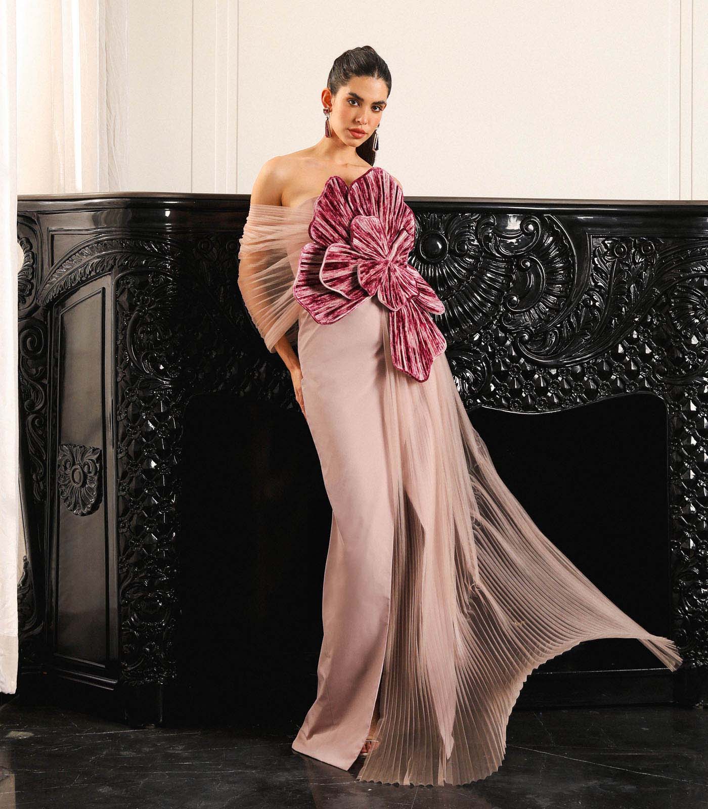 Strapless Pleated Panel Gown