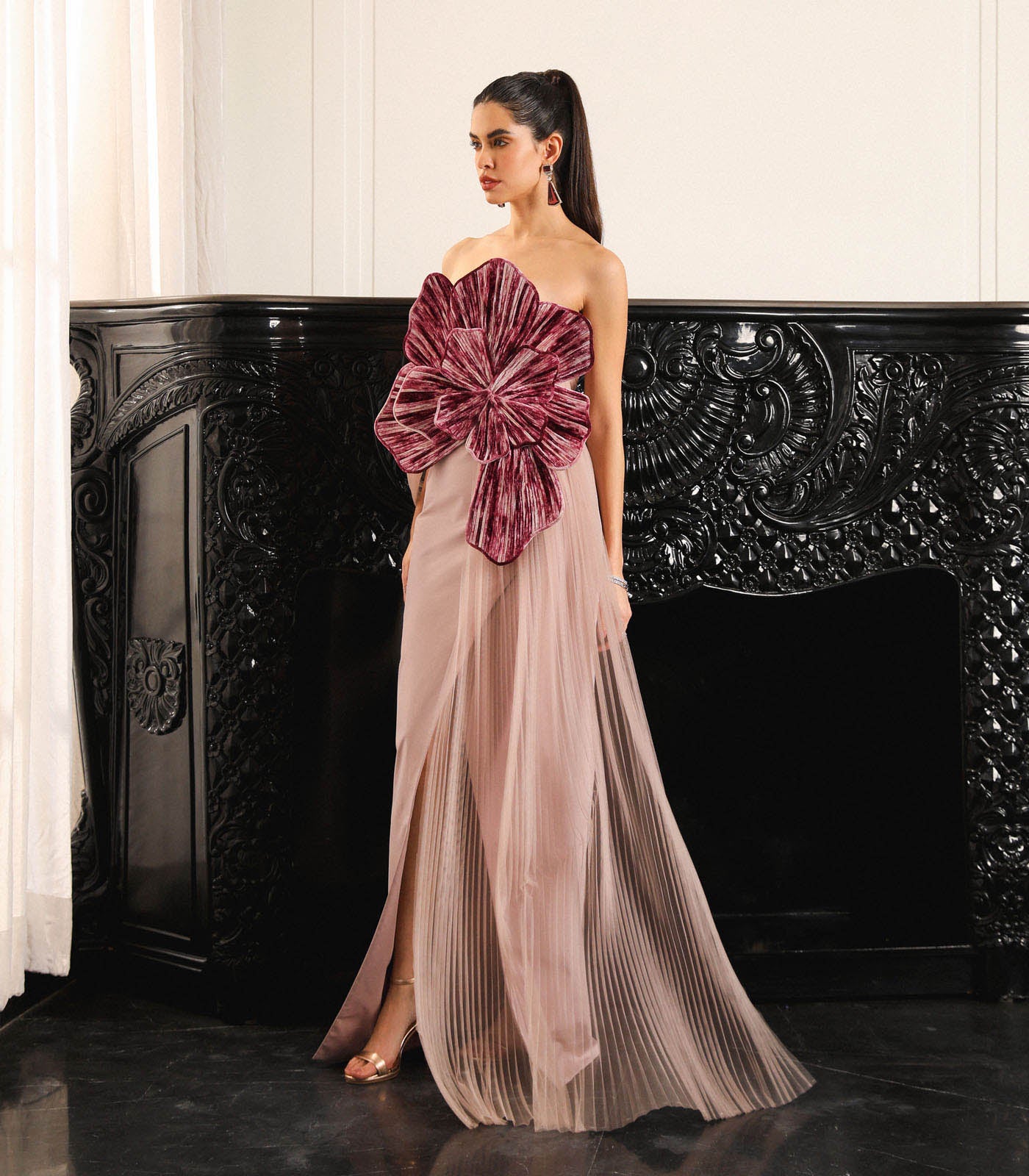 Strapless Pleated Panel Gown