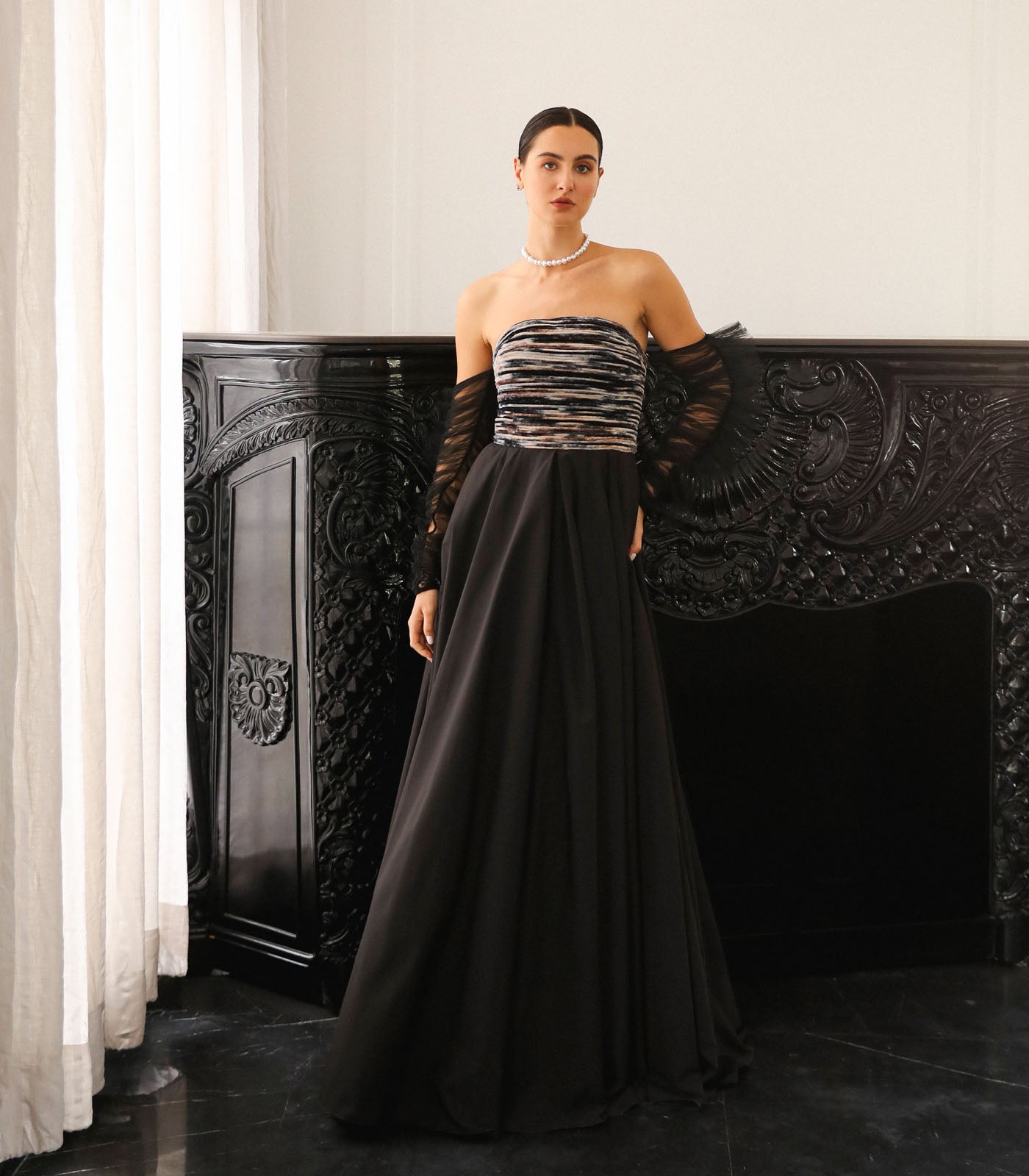 Strapless Ruched Sleeve Gown