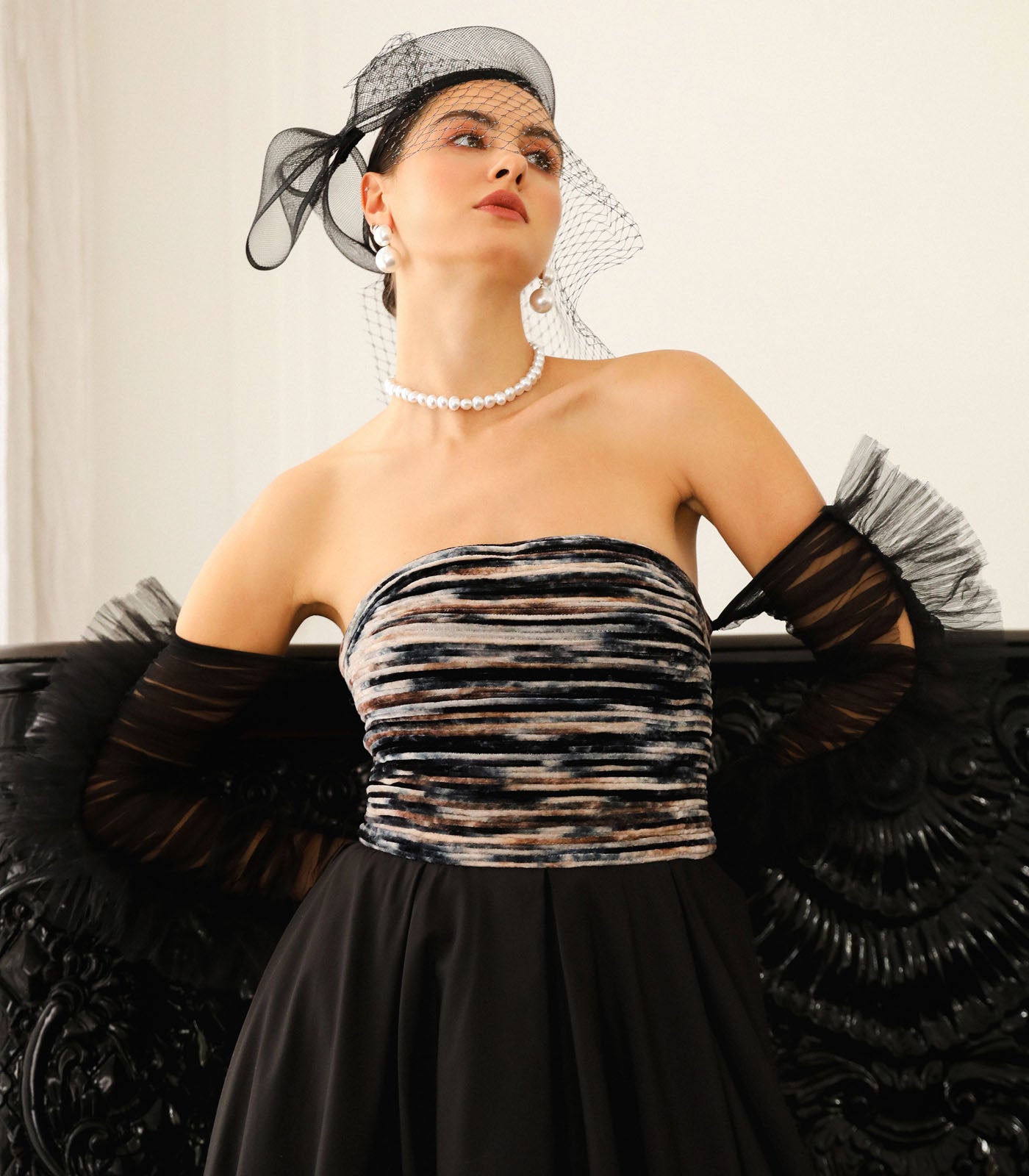 Strapless Ruched Sleeve Gown