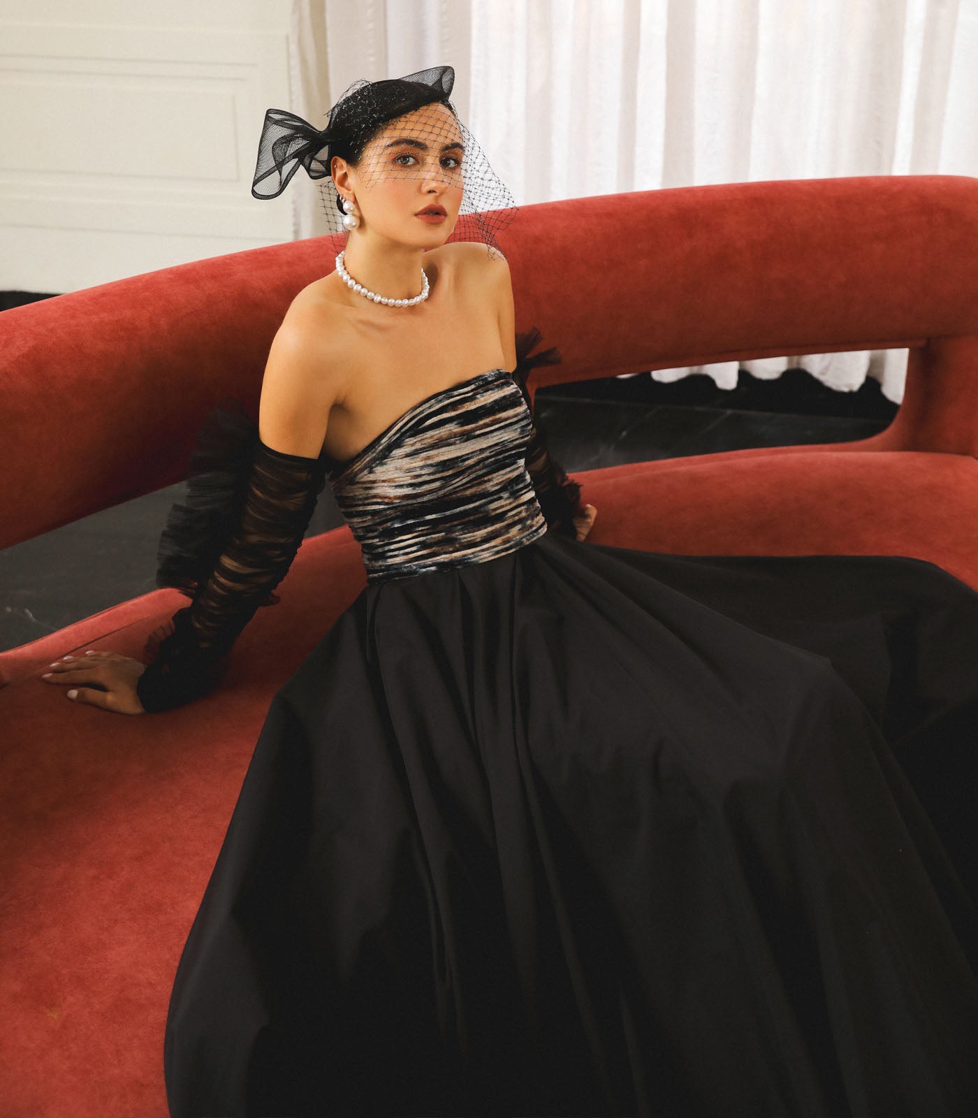 Strapless Ruched Sleeve Gown