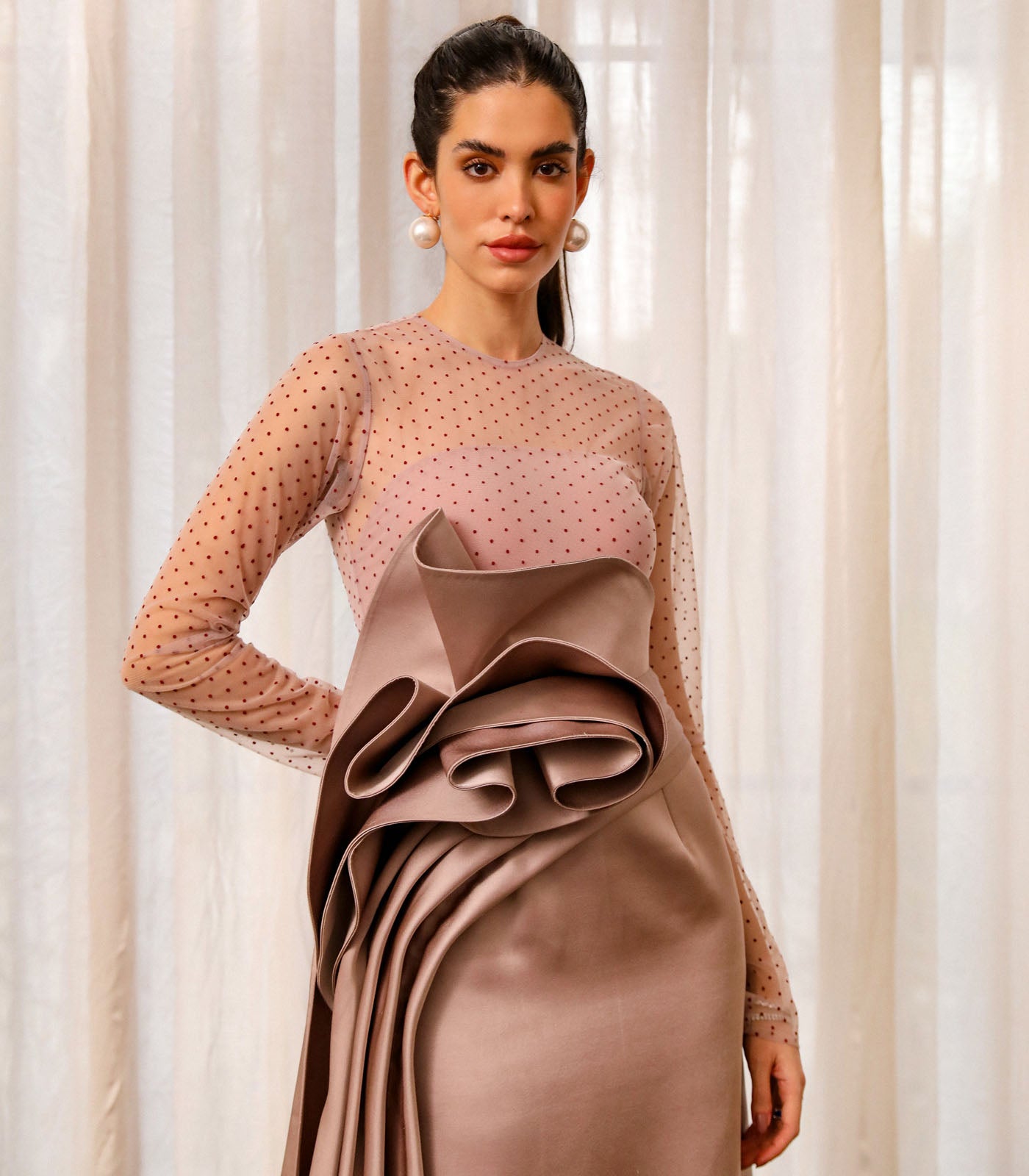 Sheer Bodice Draped Gown