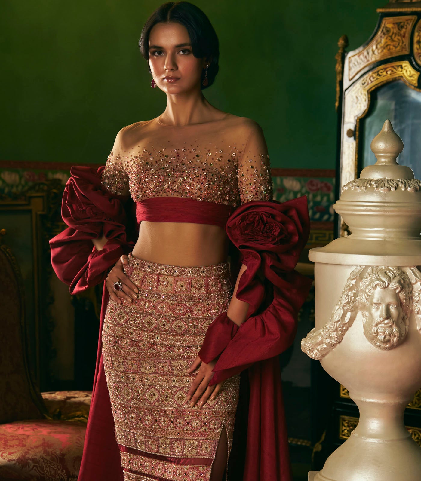 Sheer Embroidered Skirt Set