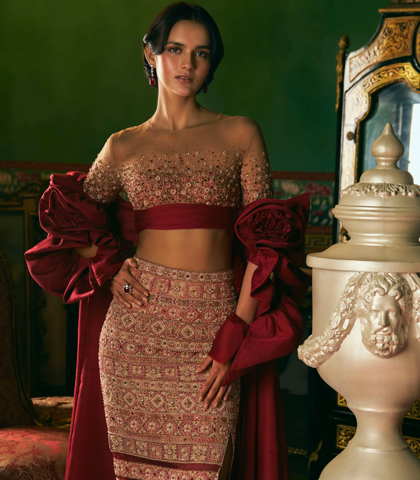 Sheer Embroidered Skirt Set