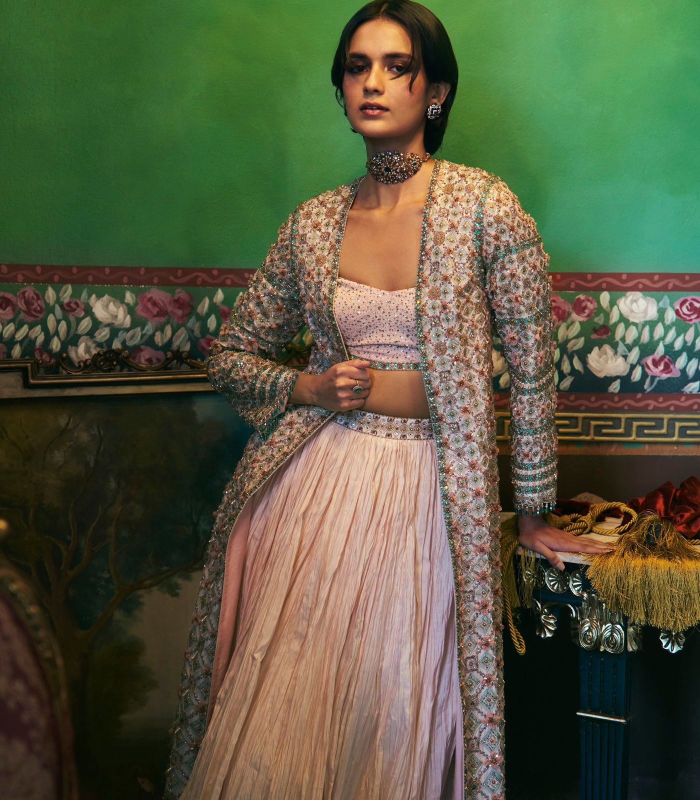 Embroidered Jacket Skirt Set