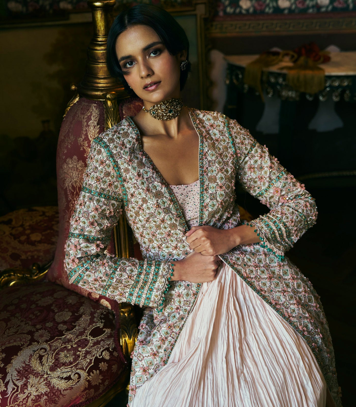 Embroidered Jacket Skirt Set