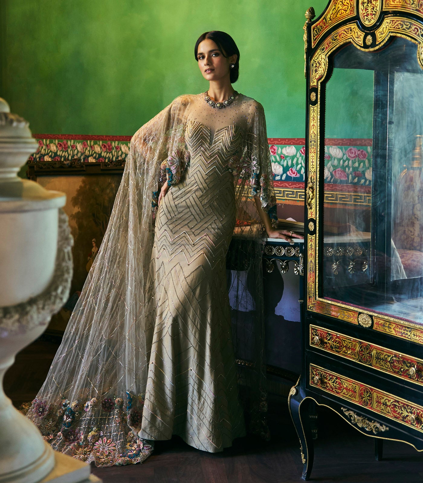 Embellished Gown with Cape