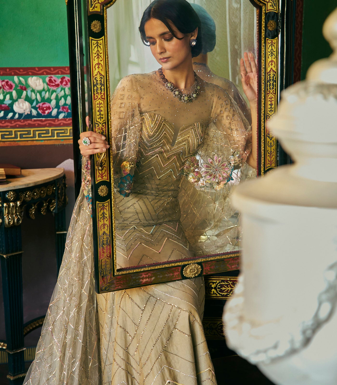 Embellished Gown with Cape