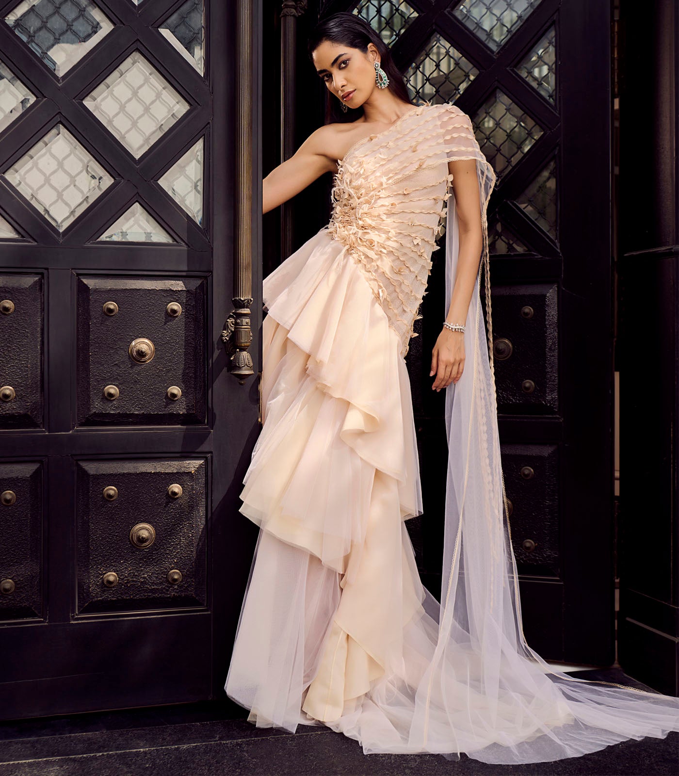 Asymmetric Sheer Drape Gown