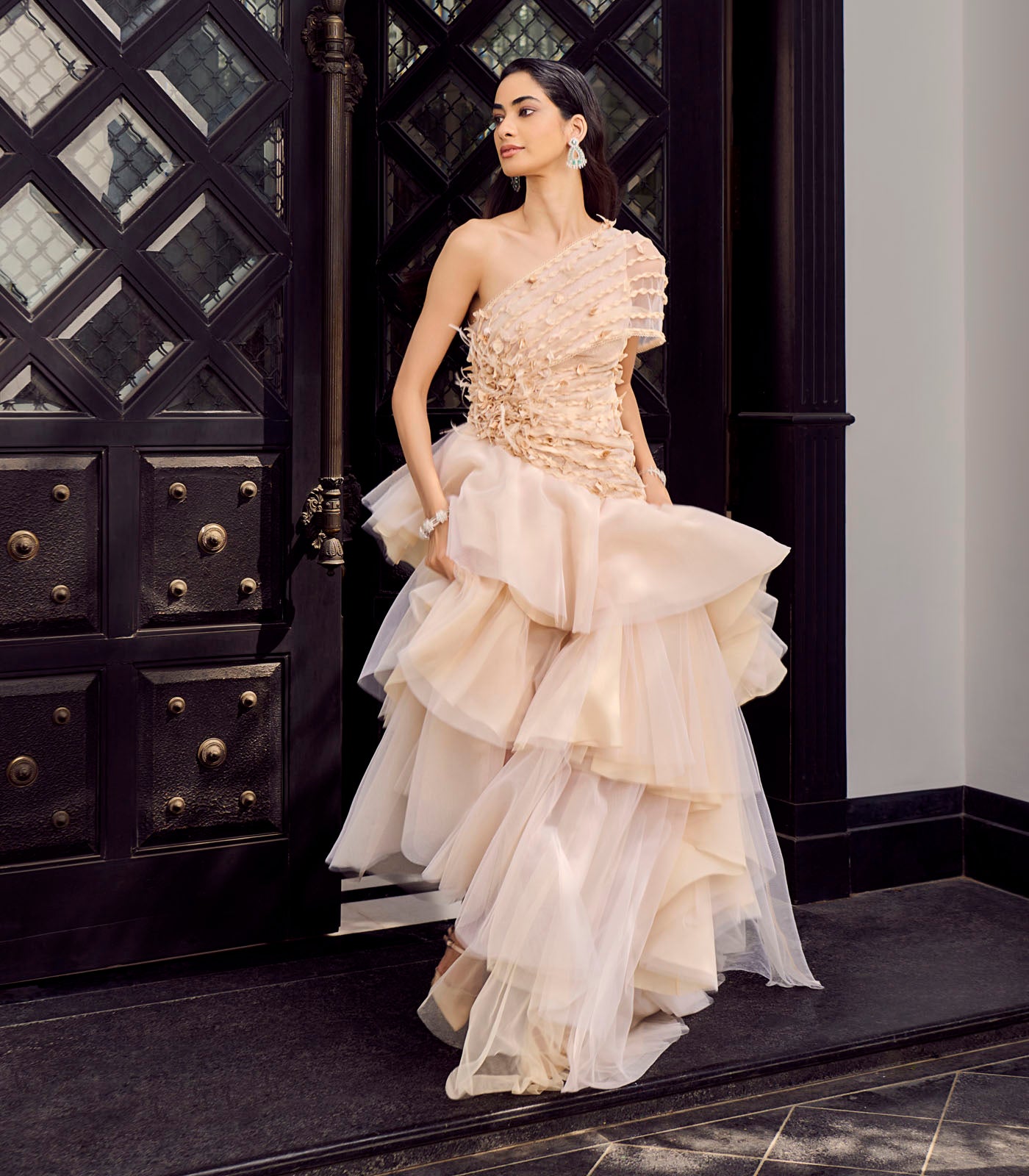 Asymmetric Sheer Drape Gown