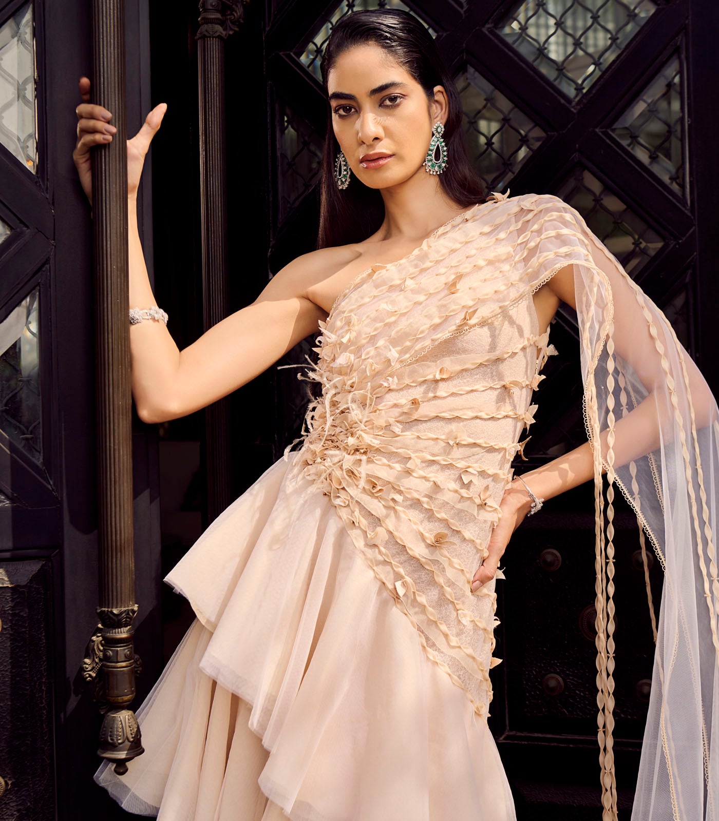 Asymmetric Sheer Drape Gown