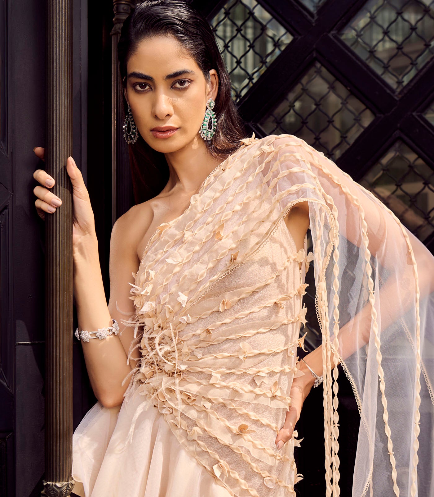 Asymmetric Sheer Drape Gown