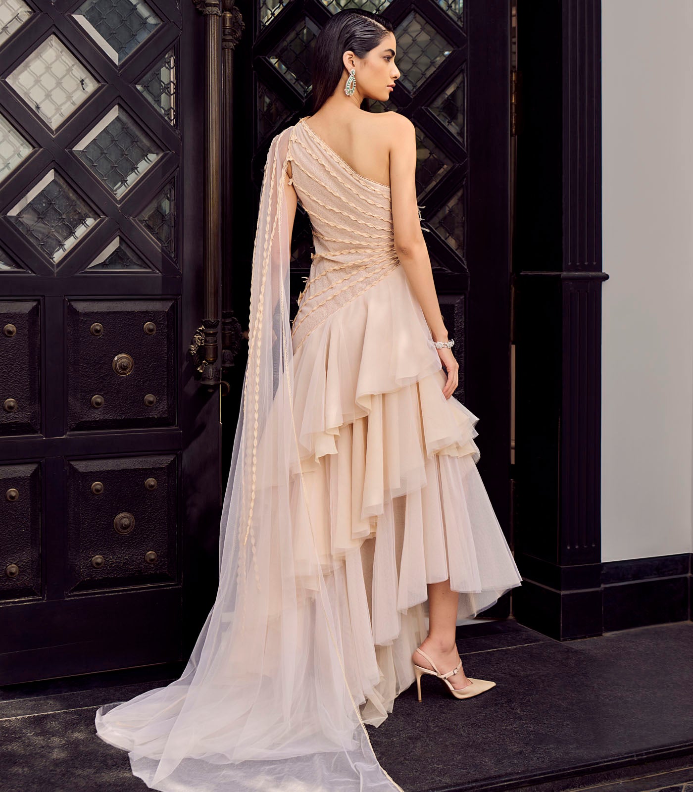 Asymmetric Sheer Drape Gown