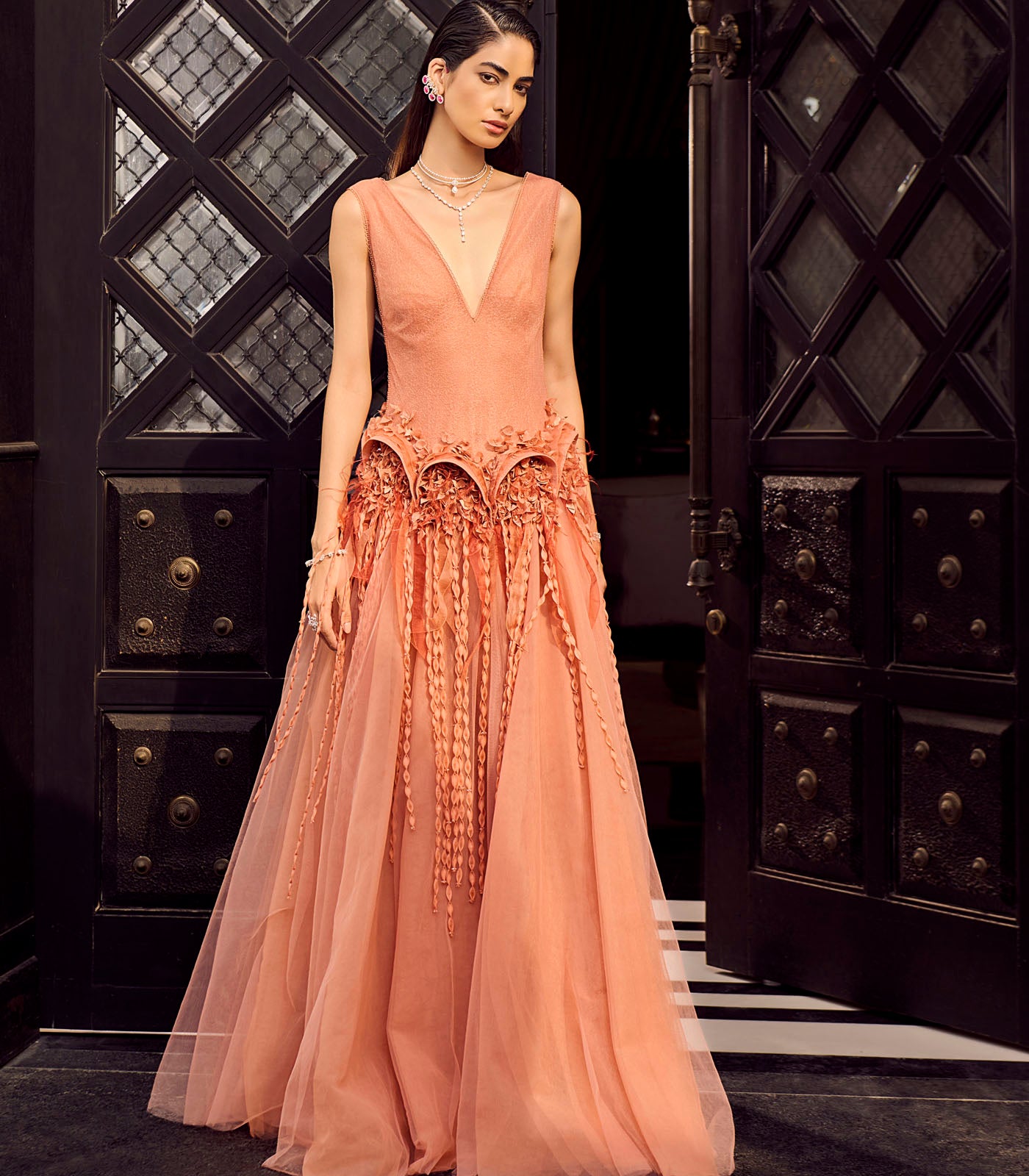 Embellished Crimped Gown