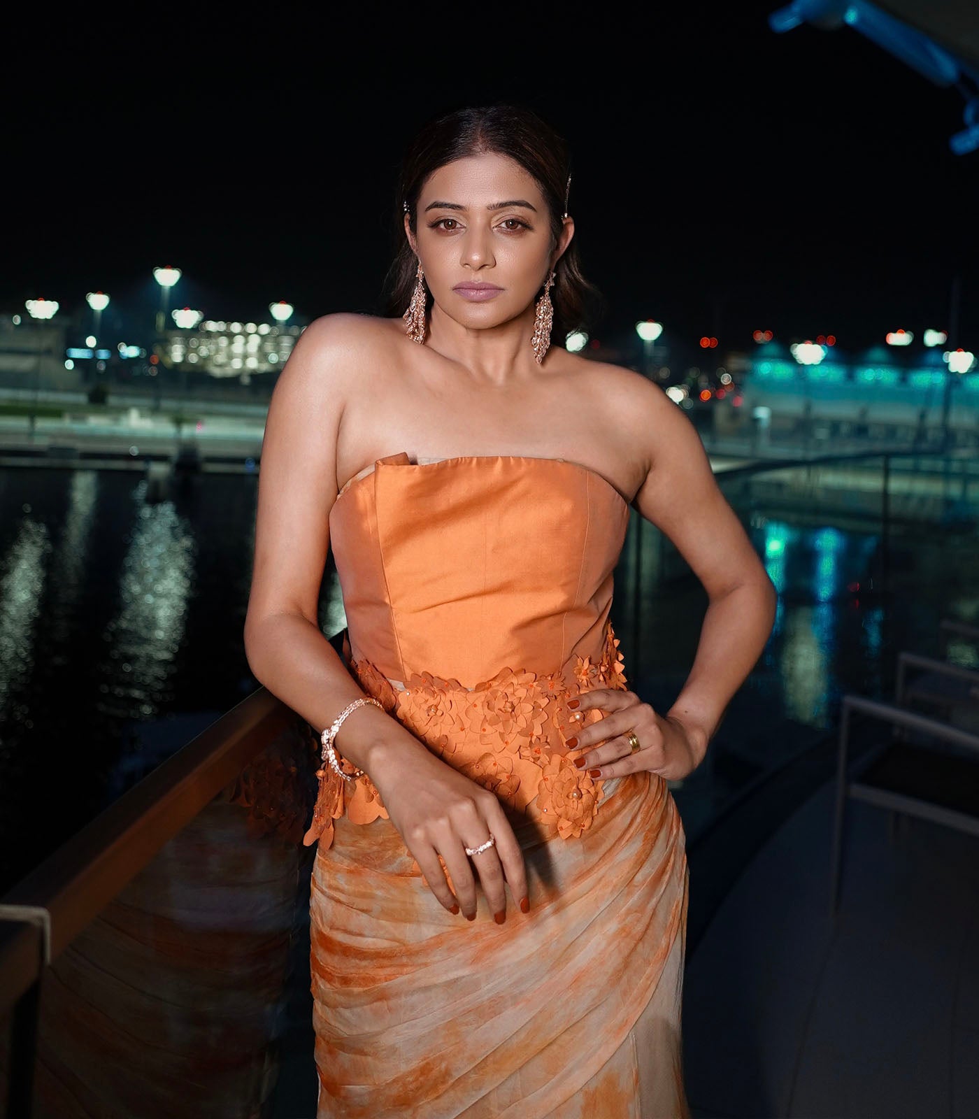 Priya Mani spotted in our orange strapless asymmetrical gown dress
