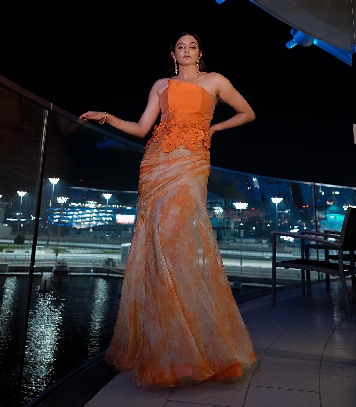 Priya Mani spotted in our orange strapless asymmetrical gown dress