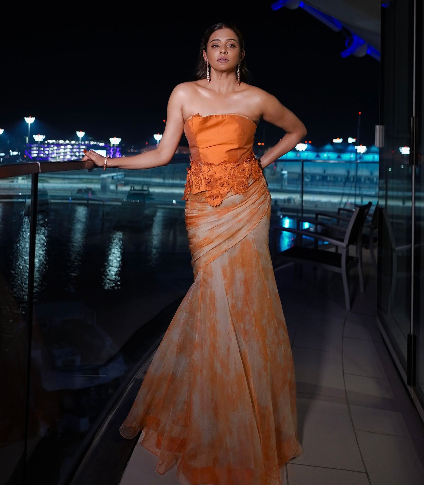Priya Mani spotted in our orange strapless asymmetrical gown dress
